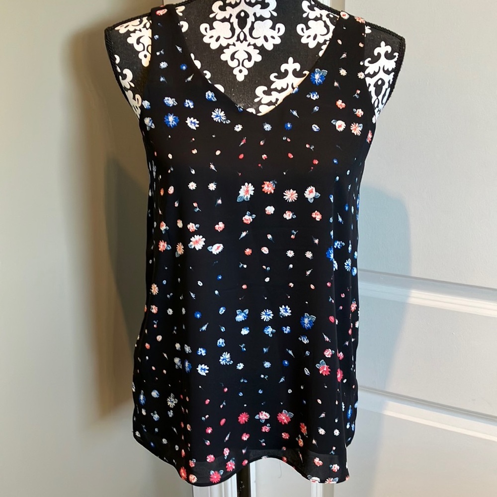 Black with floral print fully lined tank.